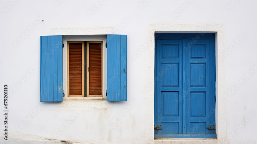 blue door and window, Old ancient colorful textured door and window in a stone wall,  Vintage doorway. Traditional European, Greek architecture. Summer travel