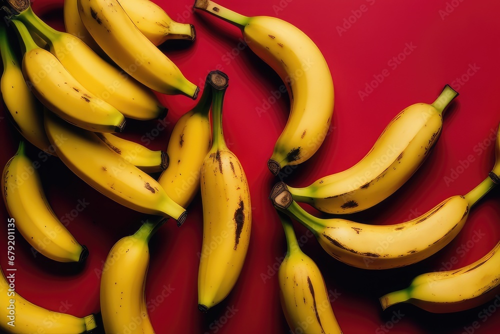 Bananas on a red background. Flat lay, top view