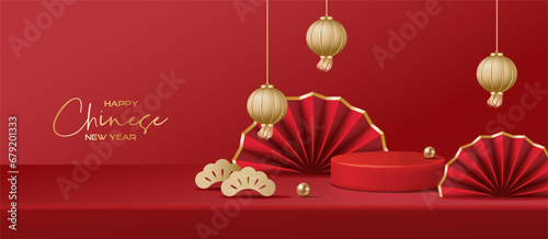 Chinese new year banner for product demonstration. Red pedestal or podium with folding fans and lanterns on red background.
