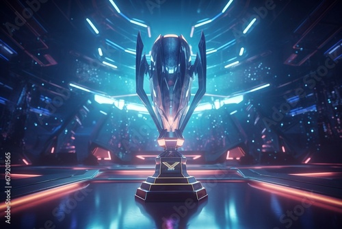 a large trophy in a dark room with neon lights