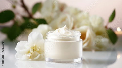 white Wooden table on blurred whitening and moisturizing Face cream in an open glass jar and flowers on white background, Advertisement, Print media, Illustration, Banner, for website