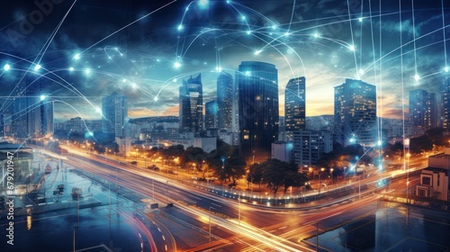 Smart city and communication network. Digital transformation  business  building  modern  urban  technology  connection  information  innovation  capita  future.