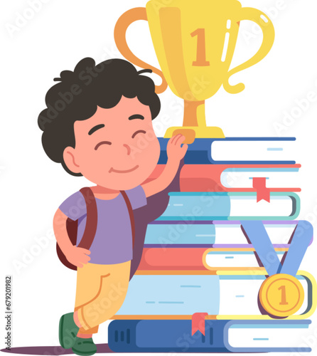 Genius boy kid standing next to big stack of books amd textbooks he read with gold cup throphy and first place medal. Proud happy smiling schoolboy student reader child charater vector illustration 