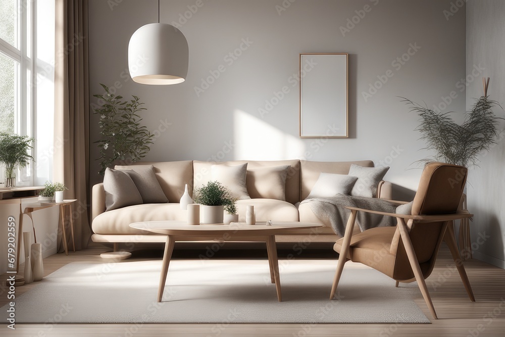Interior of modern living room with gray walls, wooden floor, comfortable white sofa and coffee table Interior of modern living room with gray walls, wooden floor, comfortable white sofa and coffee table