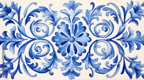 Artistic pattern on tiles made using the majolica technique drawn by hand with watercolors used for textile prints and fabric designsArtistic pattern on tiles made using the majolica technique drawn b photo