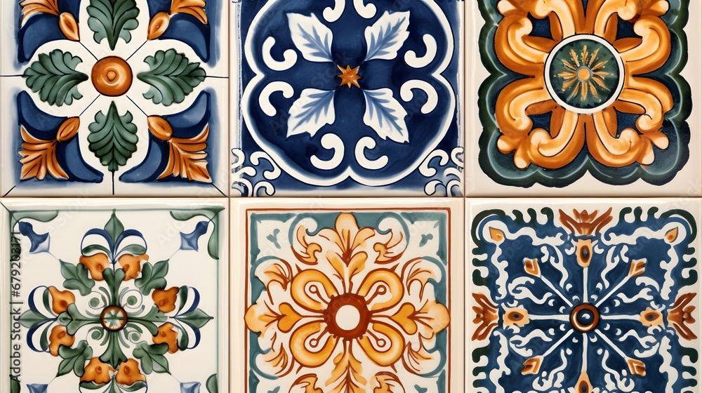 Artistic pattern on tiles made using the majolica technique drawn by hand with watercolors used for textile prints and fabric designsArtistic pattern on tiles made using the majolica technique drawn b