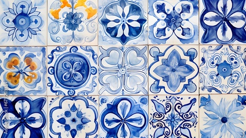 Artistic pattern on tiles made using the majolica technique drawn by hand with watercolors used for textile prints and fabric designsArtistic pattern on tiles made using the majolica technique drawn b photo