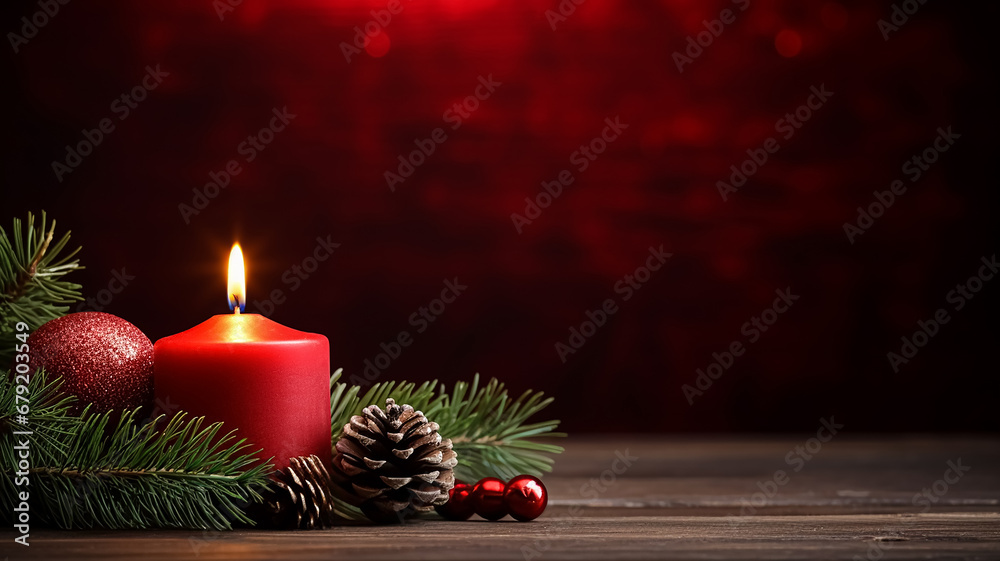 Winter cozy red background with candles and pine branches. Christmas New Year header for a website.