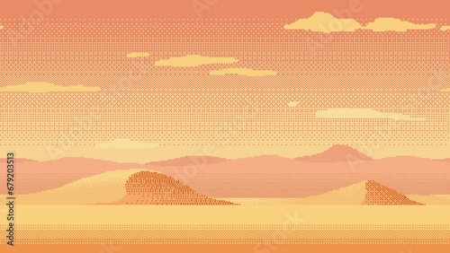 Pixel art loop animation of desert landscape. Animated 8bit seamless background with sand mountains and moving clouds. Pixelated template for computer game or application.