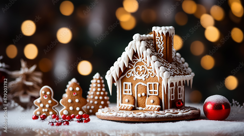 Winter background with Christmas gingerbread. New Year image with Copy space.