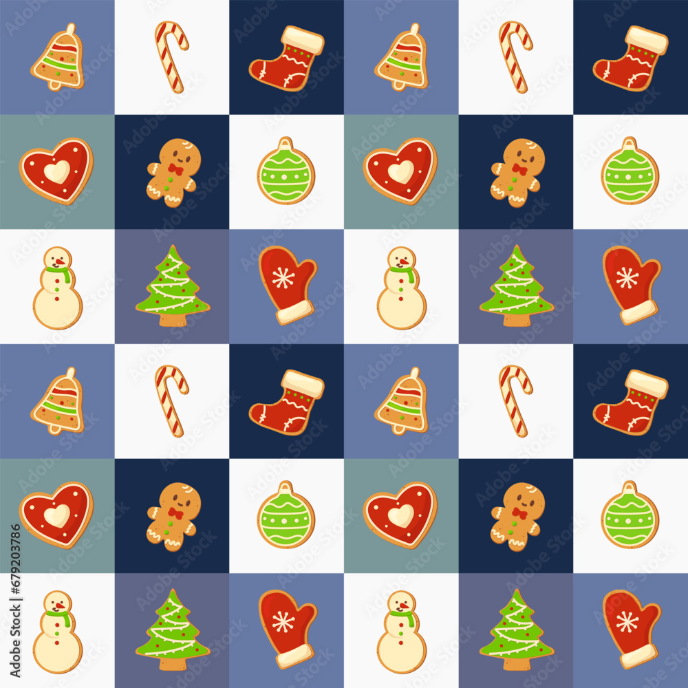 Fototapeta premium Seamless checkered Christmas pattern with Christmas gingerbread cookies. Winter holiday food.