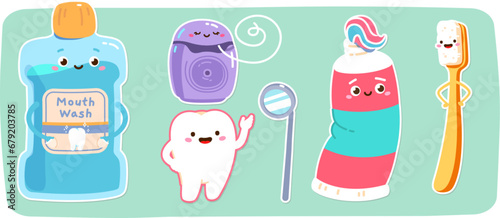 Smiling animated teeth care product cartoon characters set. Mouth wash, toothbrush, toothpaste tube, floss, healthy tooth, dental mirror. Oral hygiene, care, dentistry concept flat vector illustration