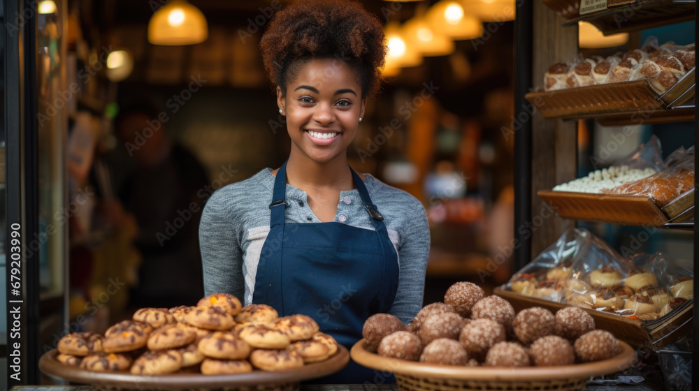 Young woman with a sweet homemade selection at neighborhood bakery