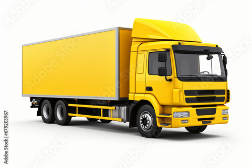 Yellow truck is shown on white background with shadow.