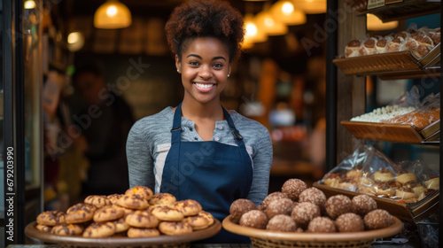 Young woman with a sweet homemade selection at neighborhood bakery