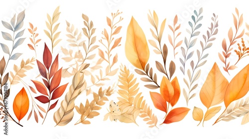 Autumn floral border. Seamless horizontal pattern with hand drawn watercolor leaves. Decoration for Fall  Thanksgiving and Harvest Day design.