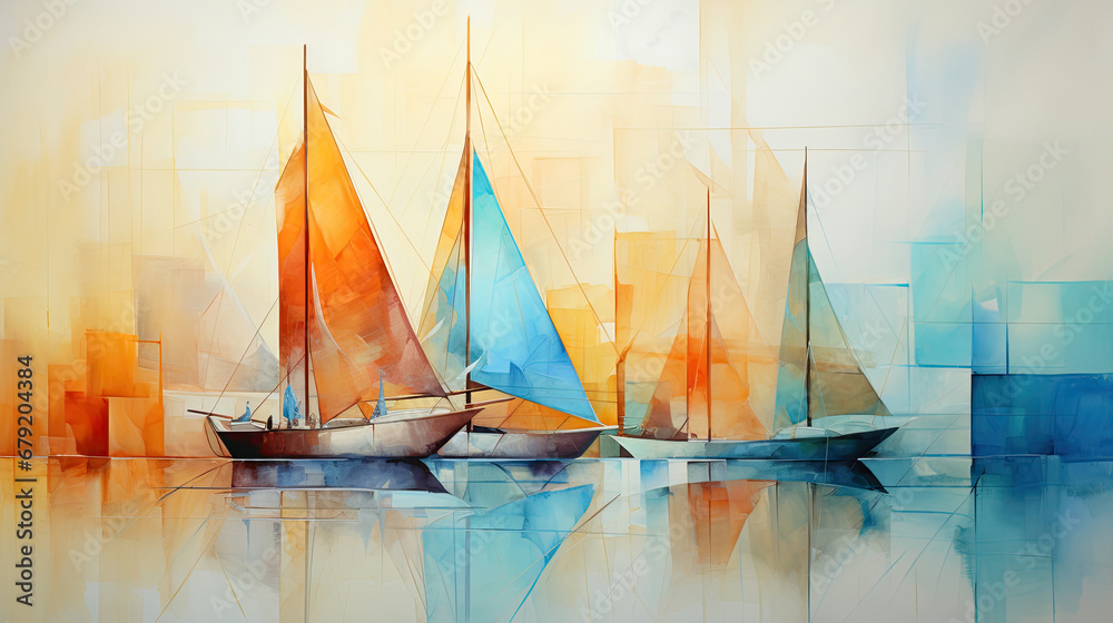 boat abstract watercolor art, sailing in the sea art