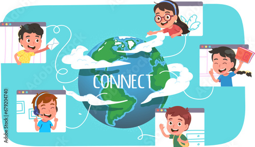 Worldwide social network connections concept boys, girls kids communicating online. Children people send mail, chat, meet on global Internet, earth globe. Global communication flat vector illustration