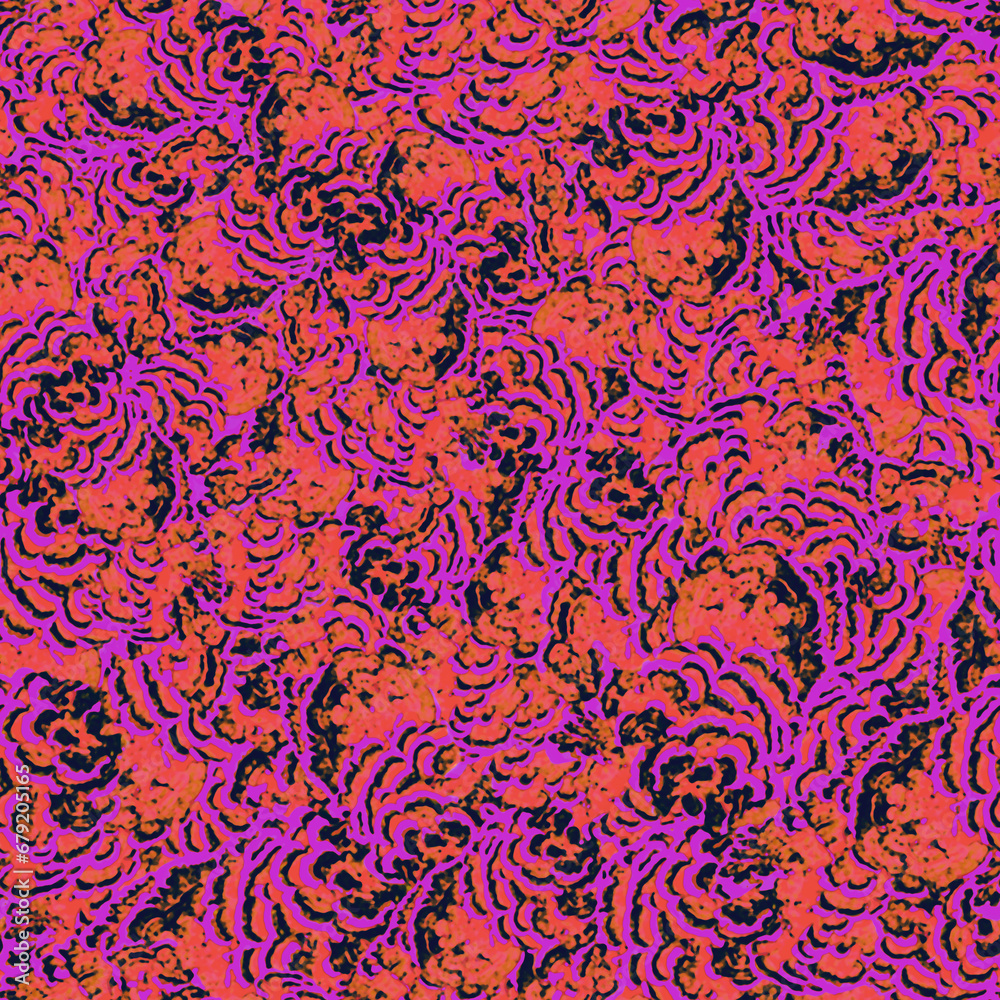 Abstract texture tree mushroom, seamless pattern. Stylized macro photo of bio structure. Colorful paint brush strokes background. Grunge print for fabric
