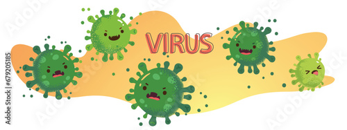 Cartoon corona viruses characters group. Cute animated dangerous germs, coronavirus pathogens with funny faces. Health, hygiene, infection, COVID-19 disease pandemic concept flat vector illustration