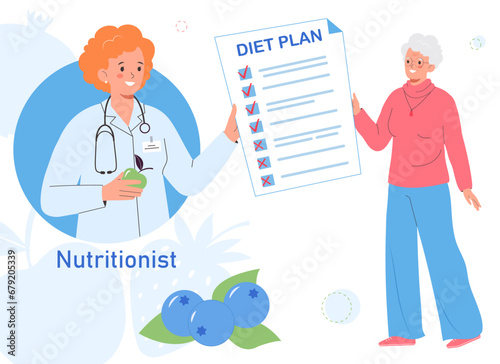 Nutritionist is counseling an elderly female patient. The nutritionist prepares nutritional plan. Healthy eating for the elderly and the concept of active longevity.