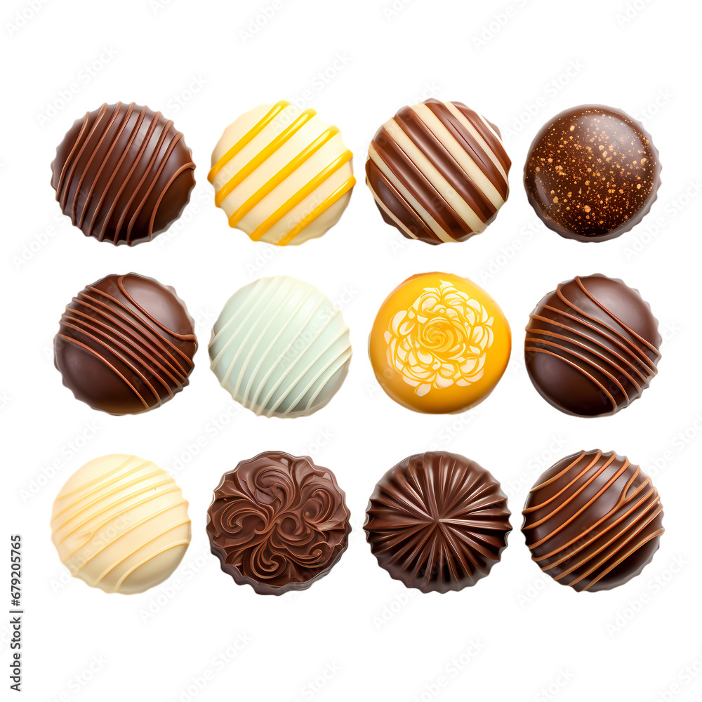 Round colored chocolate pralines on transparent background, white background, isolated, icon material, vector illustration Round colored chocolate pralines on transparent background, white background, isolated, icon material, vector illustration