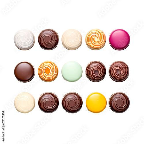 Round colored chocolate pralines on transparent background, white background, isolated, icon material, vector illustration