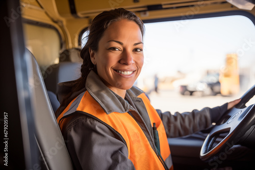 Portrait of self-confident latina woman truck driver