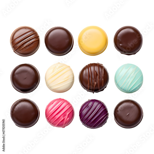 Round colored chocolate pralines on transparent background, white background, isolated, icon material, vector illustration