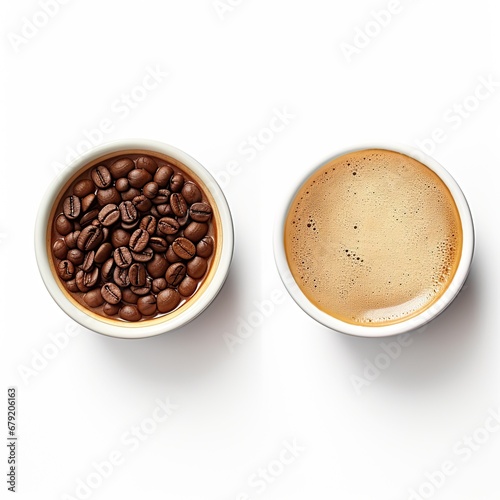 Top View of Fresh Cappuccino and Espresso Coffee Cups isolated on white background