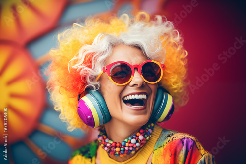 Modern middle-aged woman with her curly hair dyed in different colors  listening to music