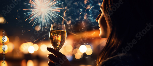 Image firework and Woman with blurred background, with empty copy space