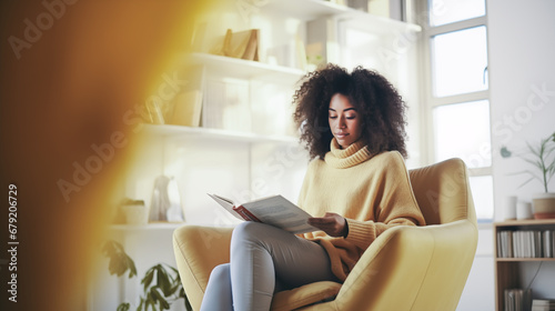 A beautiful girl afro hair reading a book at the sofa in the living room 