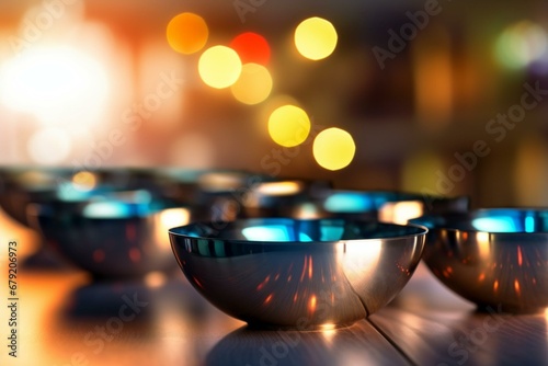 Arranged steel bowls on table with selective focus, blurred kitchen background and neon bokeh lights. Generative AI photo
