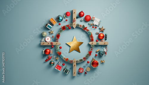 Christmas ornament in a circle flat lay