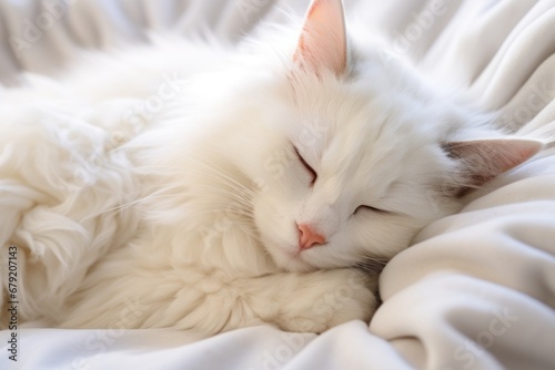 White cat sleeping on cat bed. White carpet. Top view. © Attasit