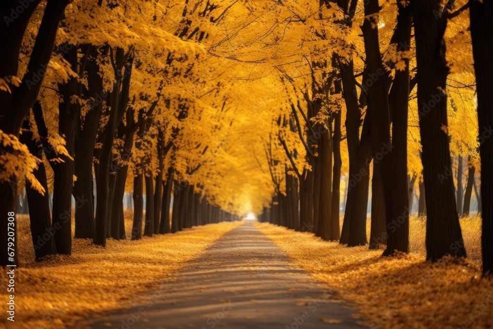 Capture the quiet moments of autumn beautifully. The scene takes place in a park or forest path. The floor was covered with a carpet of yellow leaves.