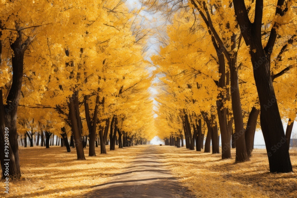 Capture the quiet moments of autumn beautifully. The scene takes place in a park or forest path. The floor was covered with a carpet of yellow leaves.