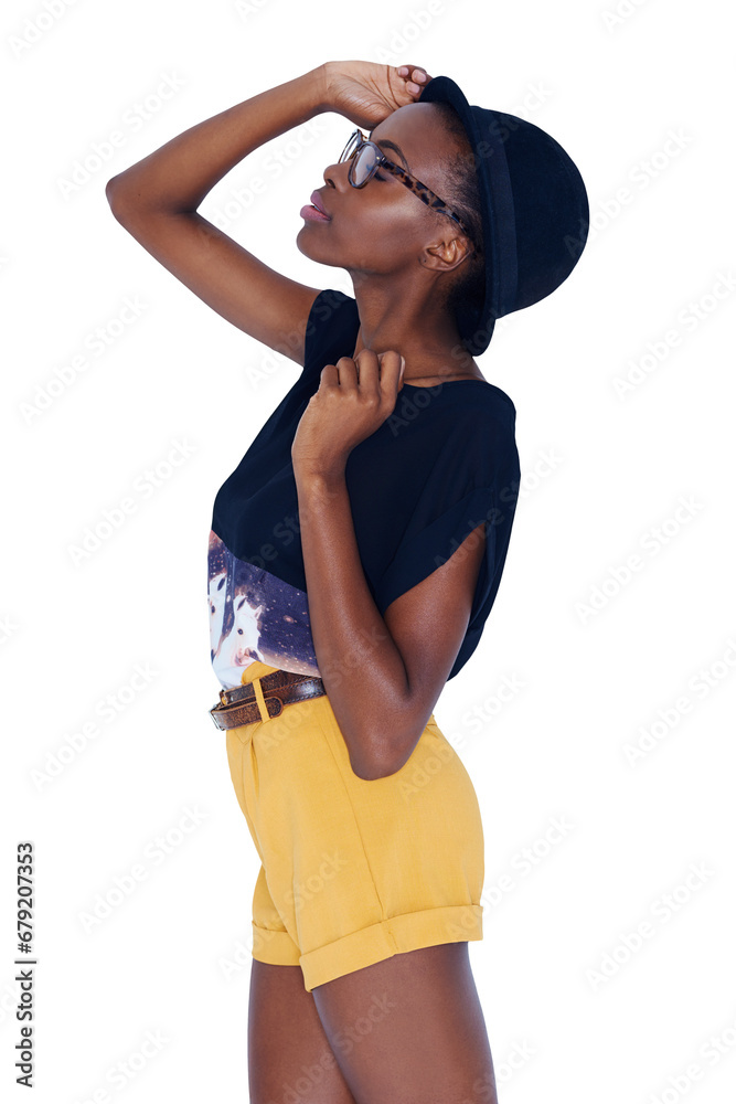Hipster, fashion and black woman with accessory pose on isolated, png and transparent background. Beauty, cosmetics and person with hat, glasses and confident in trendy clothes, outfit and style Hipster, fashion and black woman with accessory pose on isolated, png and transparent background. Beauty, cosmetics and person with hat, glasses and confident in trendy clothes, outfit and style