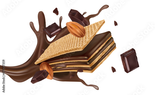 Wafer Chocolate with liquid splashing in the middle isolated on white background, Vector realistic in 3d illustration.