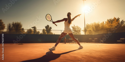 Focused tennis player on red court during a serene sunset, poised for a backhand return. photo