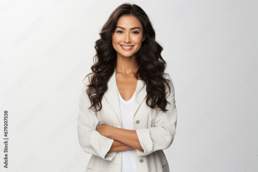 Center front view of very beautiful Asian model dressed as a nutritionist, smiling with arms crossed. Isolated on white background. Center front view of very beautiful Asian model dressed as a nutritionist, smiling with arms crossed. Isolated on white background.