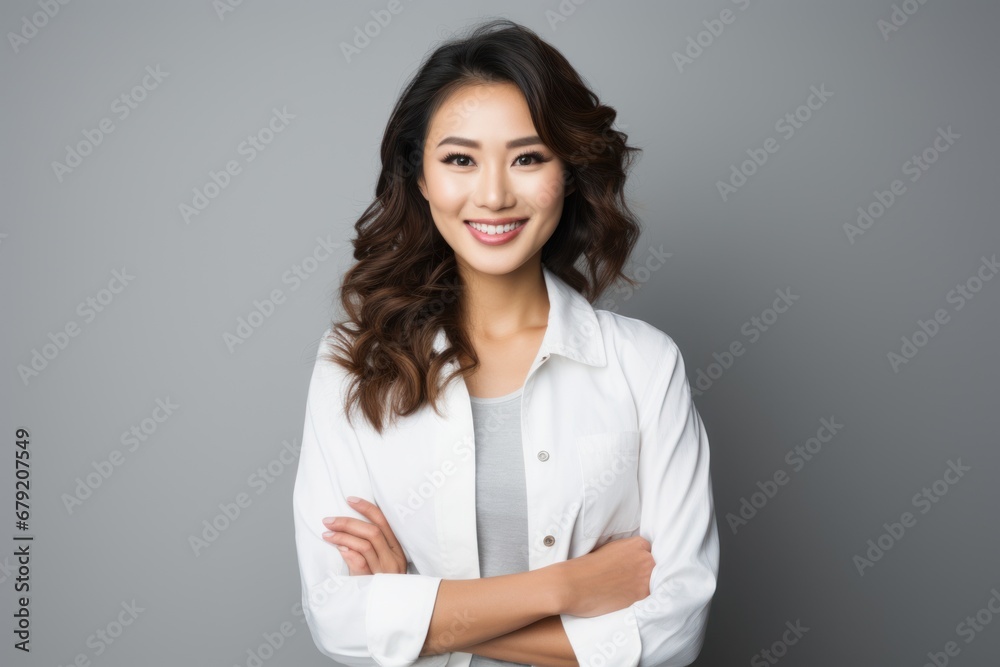 Center front view of very beautiful Asian model dressed as a nutritionist, smiling with arms crossed. Isolated on white background. Center front view of very beautiful Asian model dressed as a nutritionist, smiling with arms crossed. Isolated on white background.
