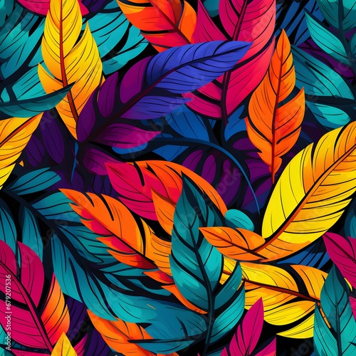 Colorful leaves of various sizes and shapes are scattered across a black background, creating a vibrant and whimsical seamless pattern