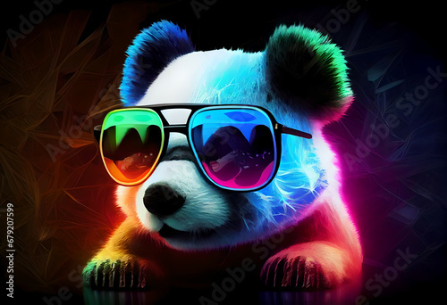 Baby Panda Looking Adorably in Front. Cool panda with glasses, illustration for social networks or magazine, close-up picture of a panda. A lot of colors