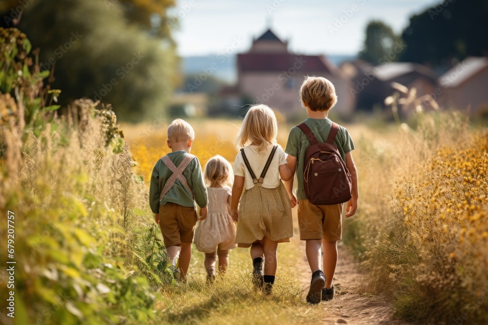 A group of young children walked together in friendship. Gather the atmosphere during the school term. A group of young children walked together in friendship. Gather the atmosphere during the school term.