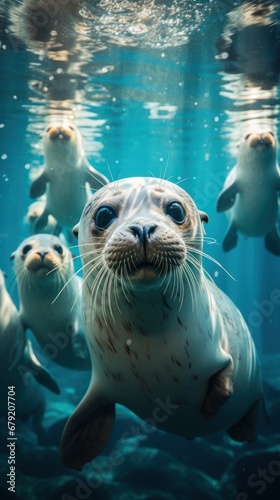 Group of seals swimming under the sea. Aquatic animals.