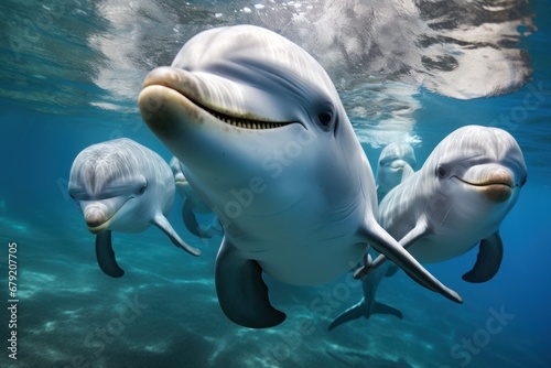 A group of dolphins swimming under the sea. Aquatic animals. © Attasit