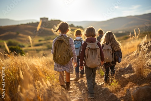 A group of young children walked together in friendship. Gather the atmosphere during the school term.