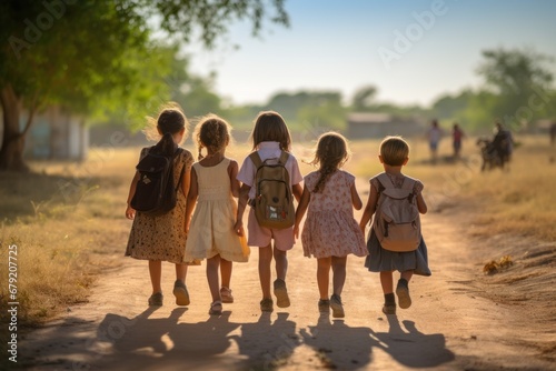 A group of young children walked together in friendship. Gather the atmosphere during the school term.